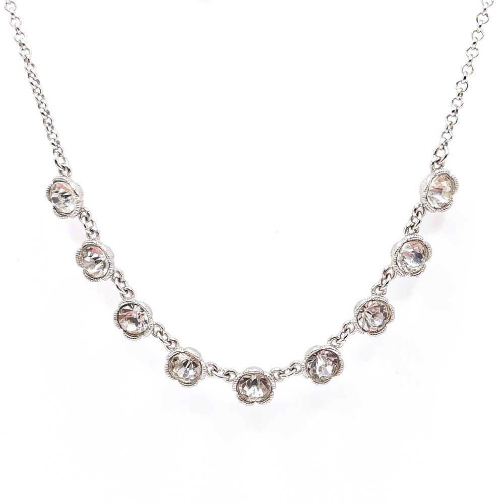 Vintage Crown Trifari Crystal Flower Necklace Silver Tone 9 Stone Bezel Jewelry